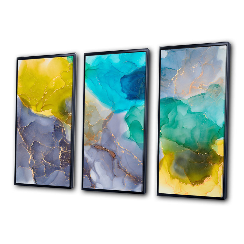 Turquoise et jaune, art abstrait fluide de luxe - 3 pièces, cadre flottant, impression sur toile, H 28 po x l 36 po