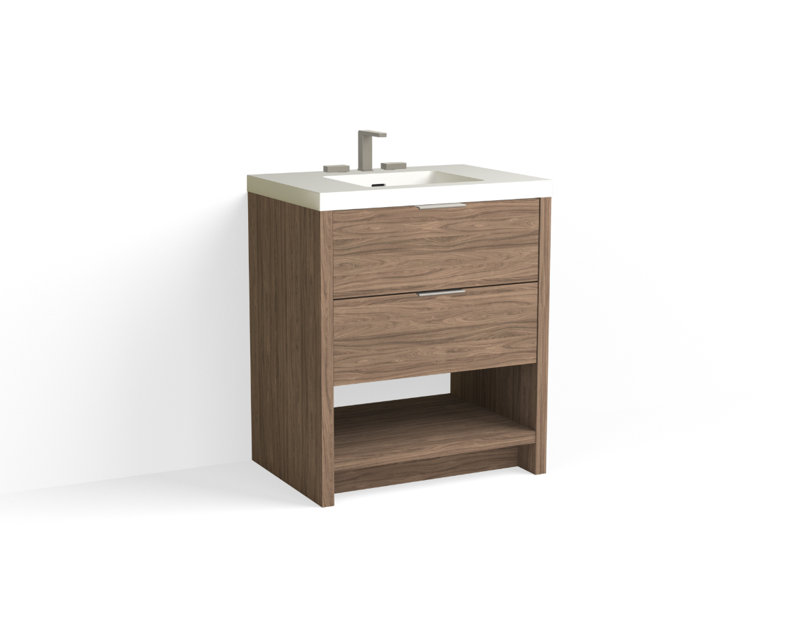 Vue 30" W Freestanding Single Bathroom Vanity, Glossy White/8" Widespread, Nocino, Satin Nickel