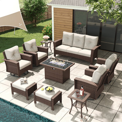 Lark Manor 10 Piece Wicker Patio Furniture Set with Fire Pit Table, Classis Outdoor Conversation 360 Degree Swivel Chairs Set with Coffee Table