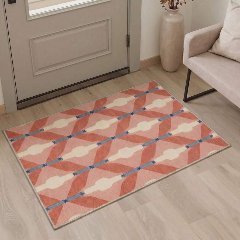Modern Striped Machine Washable Red / Beige / Blue Indoor Area Rug with Non-Slip Backing, Rectangle 9' x 12'