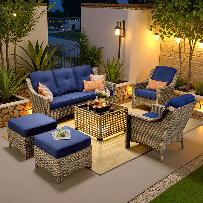 6 Piece Patio Furniture Conversation Sets With Solar Light Table,Outdoor Wicker Furniture With Ottoman, All Weather Resistant Outside High Back Rattan Patio Set