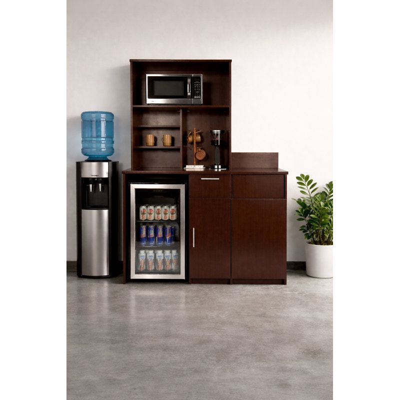 Armoire de rafraîchissement pour salle de pause de bureau avec tablette pour micro-ondes, mini-réfrigérateur et poubelle - Huche de station de café commerciale entièrement assemblée - l 54 po x P 24 po x H 75 po