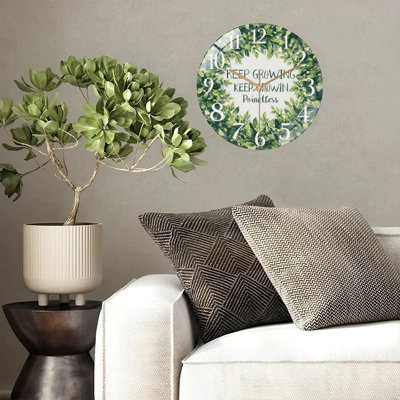 Horloge murale feuilles vertes «Keep Growing», art décoratif moderne en verre 12 po