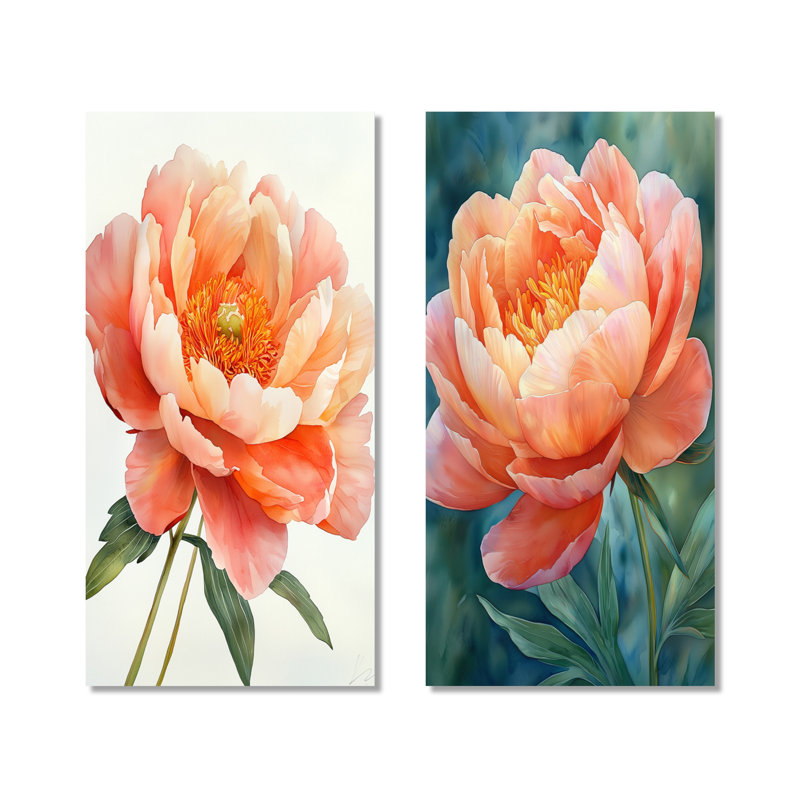 «Vibrant Coral Peony Reverie I», ensemble de 2 impressions murales en métal coquelicot orange, H 32 po x l 32 po