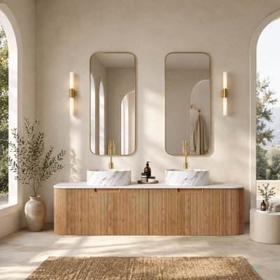 Meuble-lavabo de salle de bain 60 po, 2 tiroirs, 2 lavabos ronds en céramique et plateau en pierre frittée Carrara, pré-assemblé