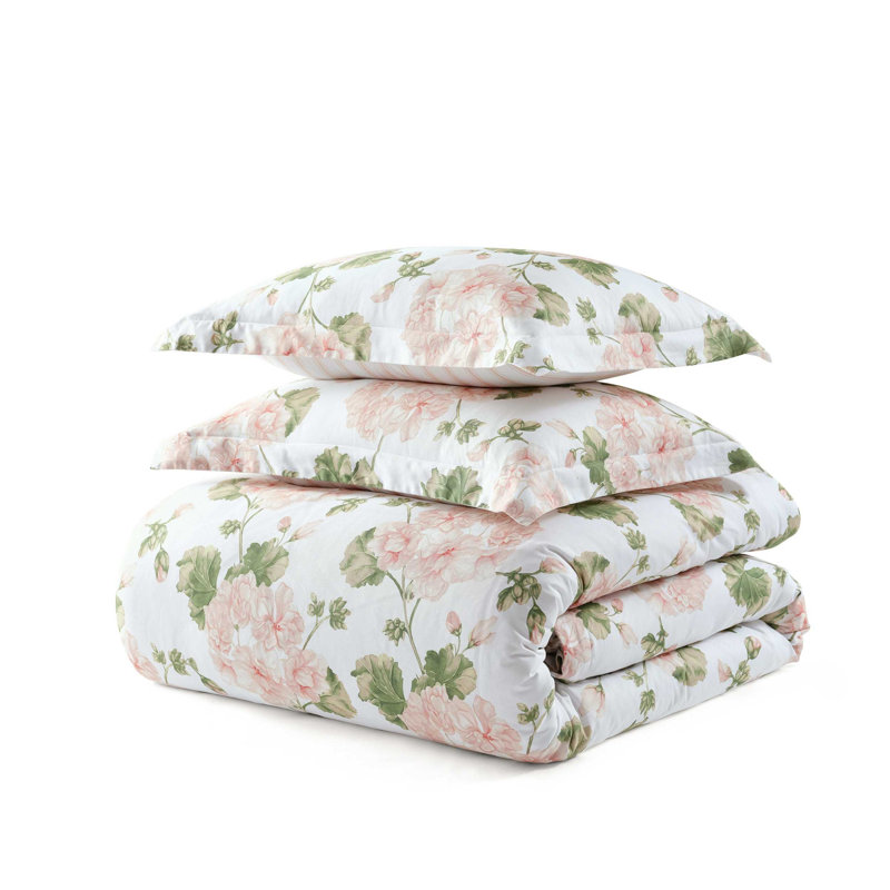 Martha Stewart Geranium Bloom Cotton Reversible Pink Duvet Cover Set, Queen Duvet Cover + 2 Standard Shams