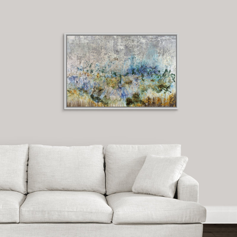« émergeant de rêve », peinture sur toile, H 25,7 po x l 37,7 po x p 1,75 po, Cadre flottant blanc