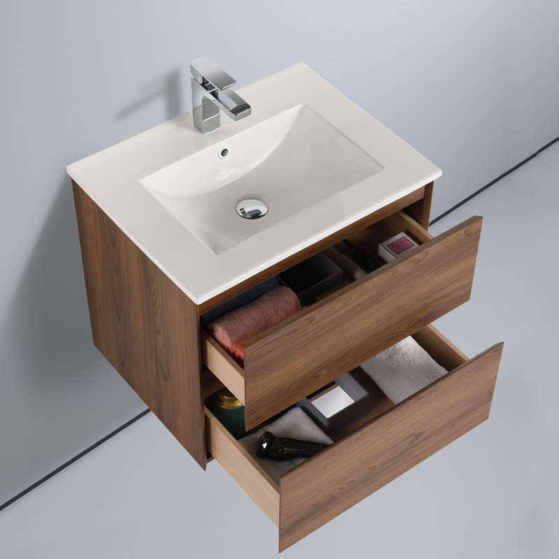 Meuble-lavabo mural 24 po avec lavabo - Armoire murale en bois avec plateau en céramique, tiroirs à fermeture en douceur et meuble-lavabo simple moderne
