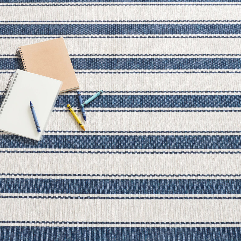 Blue Awning Stripe Machine Printed Washable Rug, Rectangle 3' x 5'