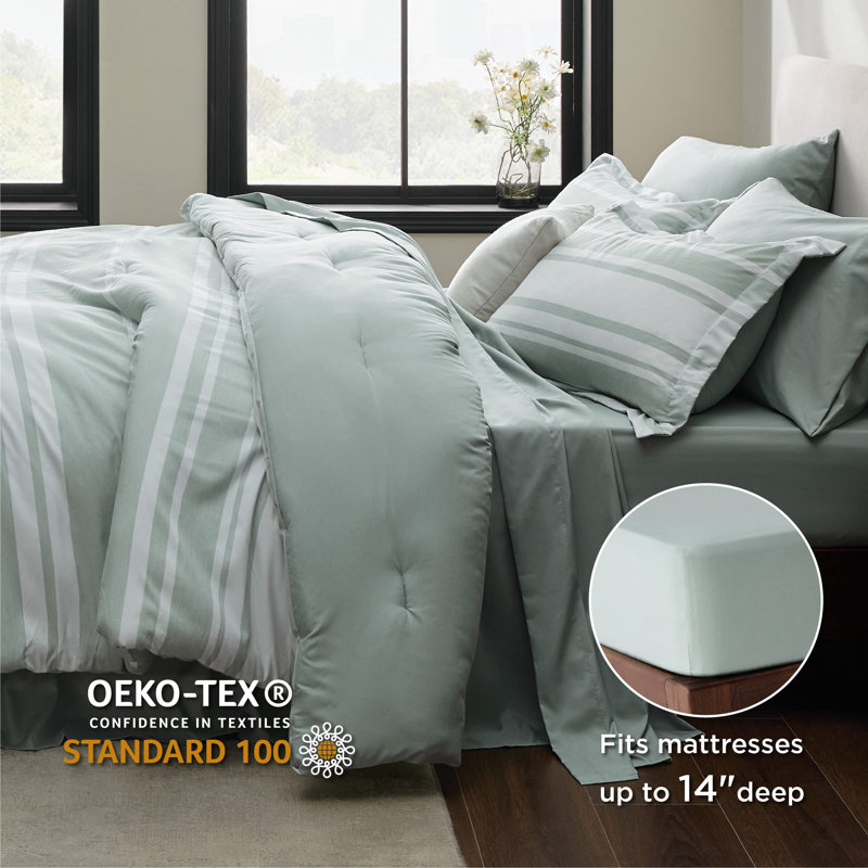 Bedsure Striped All Season Comforter Set, Queen Comforter + 6 Additional Pieces, Sage Green