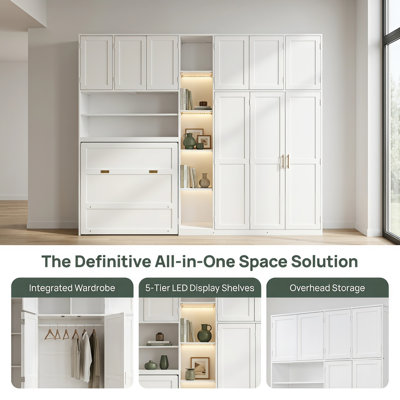 Lit simple escamotable avec garde-robe et tablettes à DEL, lit escamotable mural avec rangement au-dessus, meubles de chambre à coucher peu encombrants pour petites pièces, appartements