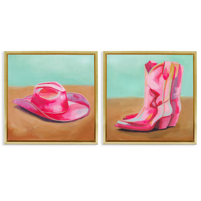 Ensemble de 2 toiles flottantes encadrées roses avec thème «Cowgirl Fashion» par Grace Popp