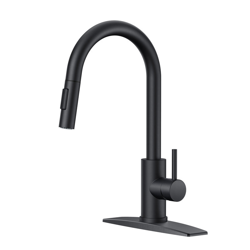 Robinet de cuisine rétractable à poignée simple avec plaque de pont, poignées et conduites d'alimentation, Noir
