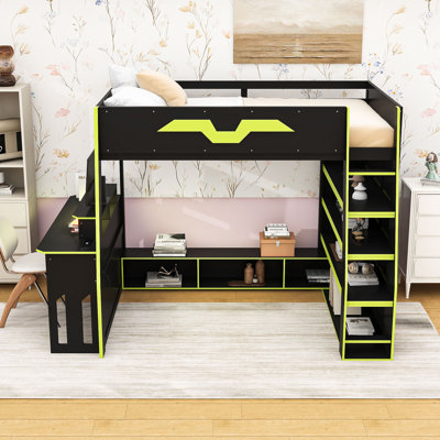 Lit mezzanine double en bois avec bande lumineuse, tablettes de rangement et bureau