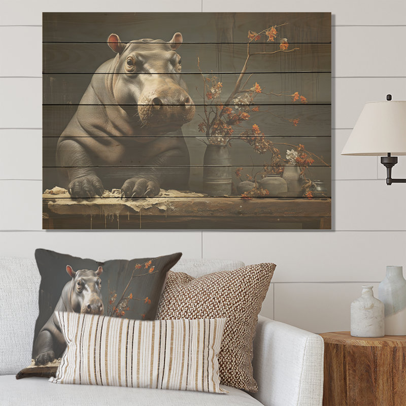 Rivers Guardian I - Hippopotame sur bois, H 10 po x l 20 po x P 0,78 po