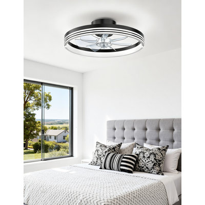 18" Ceiling Fans with Lights and Remote, Low Profile Flush Mount Ceiling Fan with Light, 3000-6500K Dimmable LED Fan Light, Modern Bladeless Fandelier Ceiling Fans for Bedroom, Black Stripes