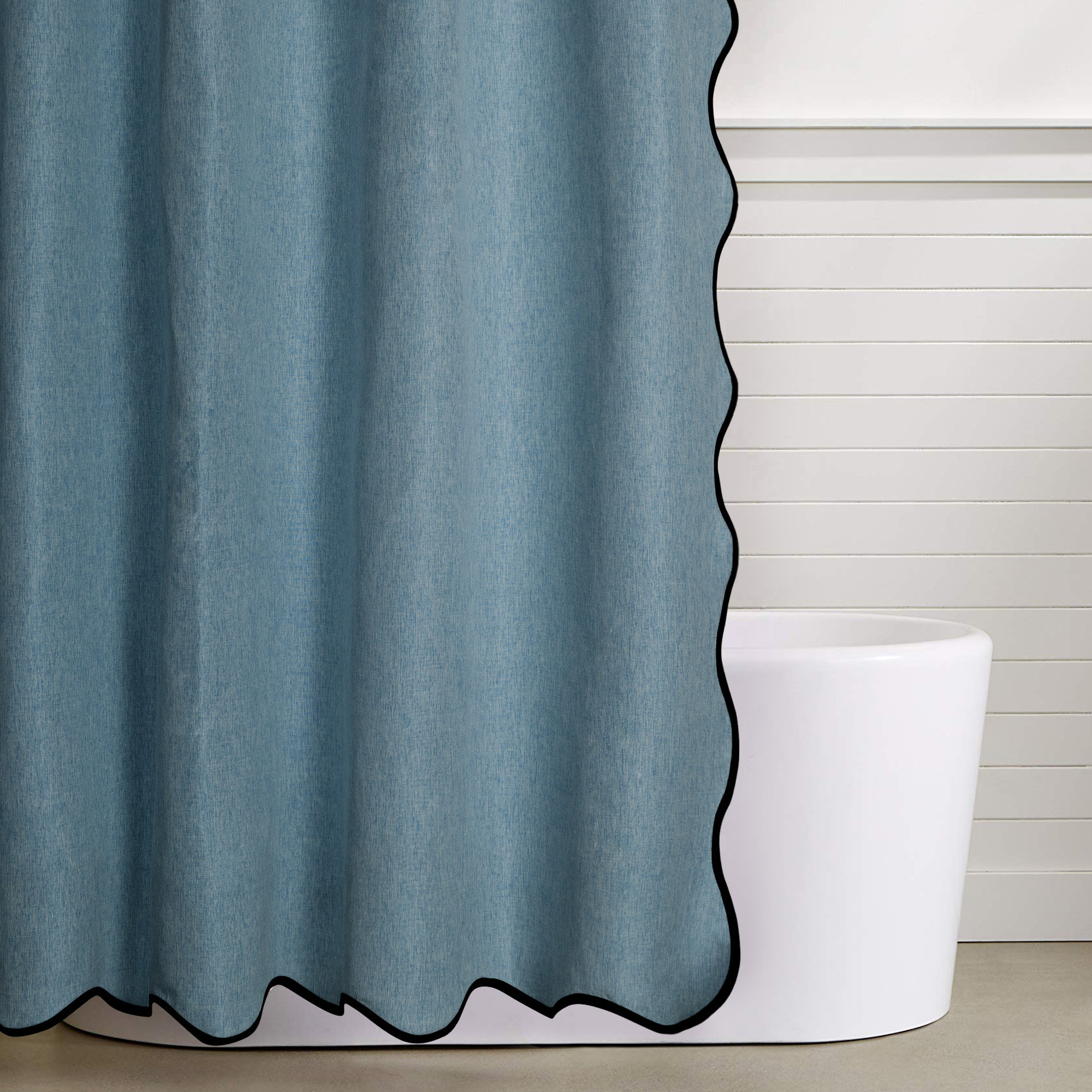Farmhouse Linen Textured Scalloped Edge Shower Curtain, Dark Blue, 84" H x 72" W