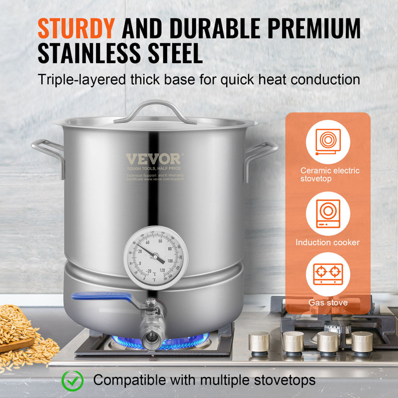 VEVOR 5-Gallon Stainless Steel Induction Brewing Kettle with Thermometer