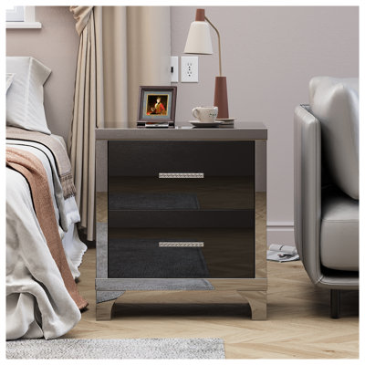 Table de chevet moderne ultrabrillante à miroir noir avec 2 tiroirs - Table de chevet robuste avec poignées en métal pour la chambre à coucher, le salon