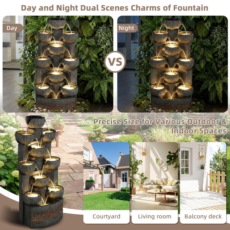 39.48" Tall Outdoor Water Fountain, 10-Tier Modern Floor-Standing Cascading Bowls Waterfall Fountain With Warm Led Lights, Resin Water Feature For Garden, Patio, Backyard, Porch And Home Décor
