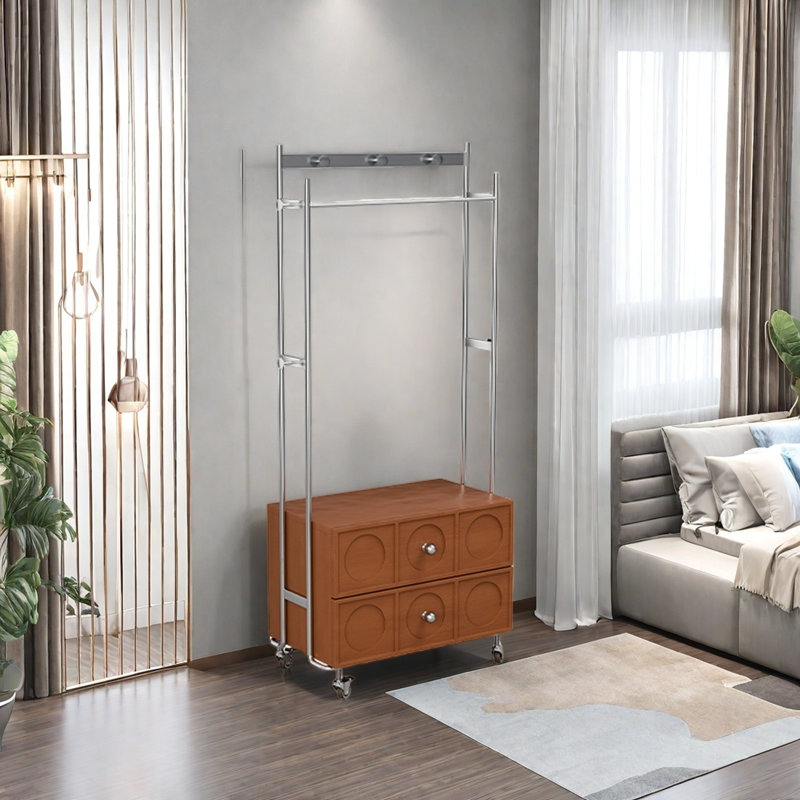 Solid Wood Coat Rack with Double Storage Drawers, Brown