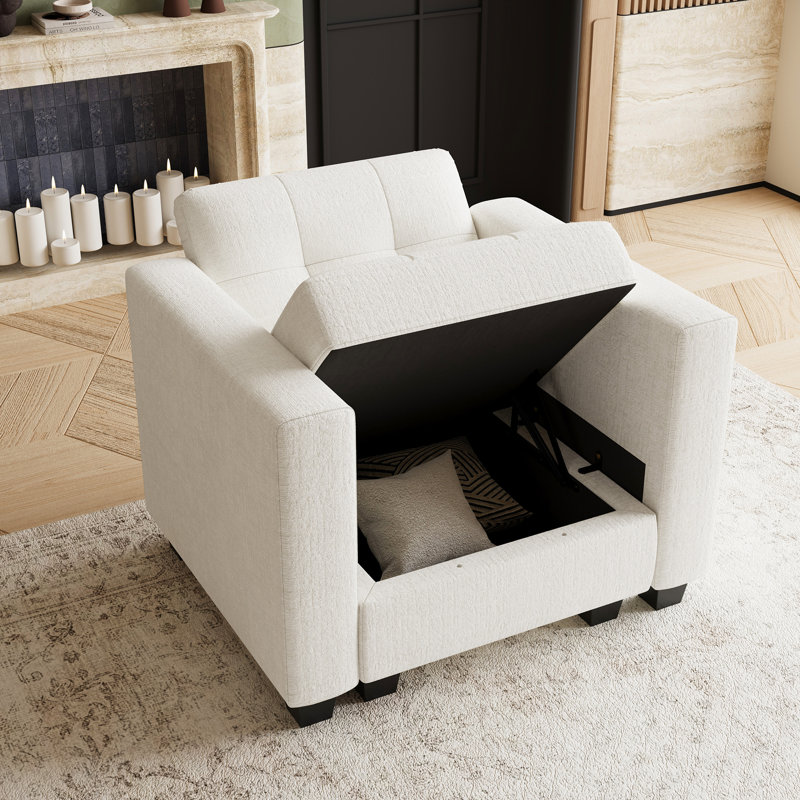Chenille Solid Wood Armrest Chair Storage Single Chair, Beige