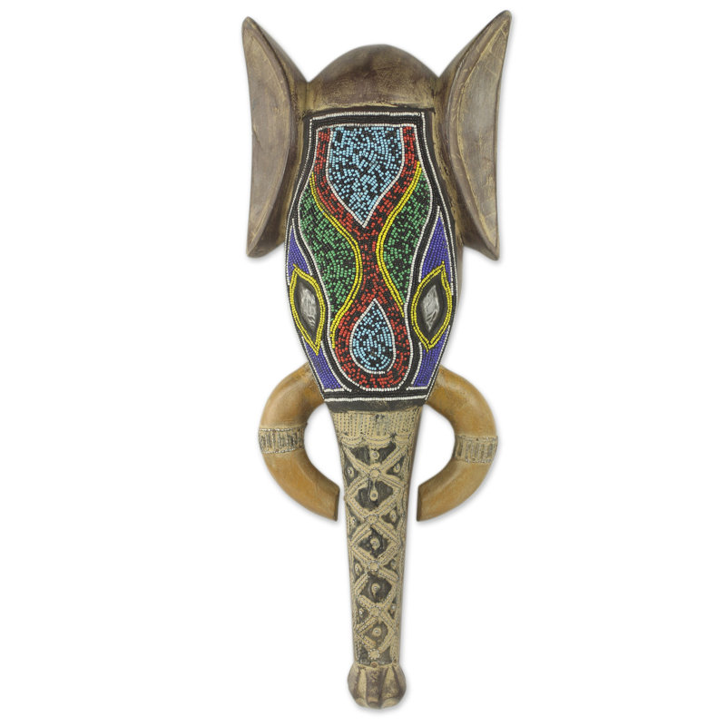 Décoration murale masque de tête d'éléphant en bois africain Awudu Saaed
