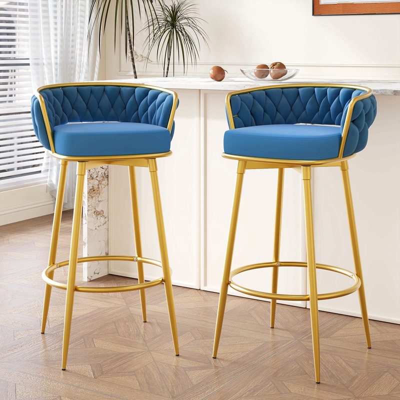 Swivel Counter Height Bar Stools Set Of 2, Bar Height Stools With Hand-Woven Backrest & Gold Metal Legs, Modern Low Back Upholstered Kitchen Chairs With Footrest For Island, Dining Room