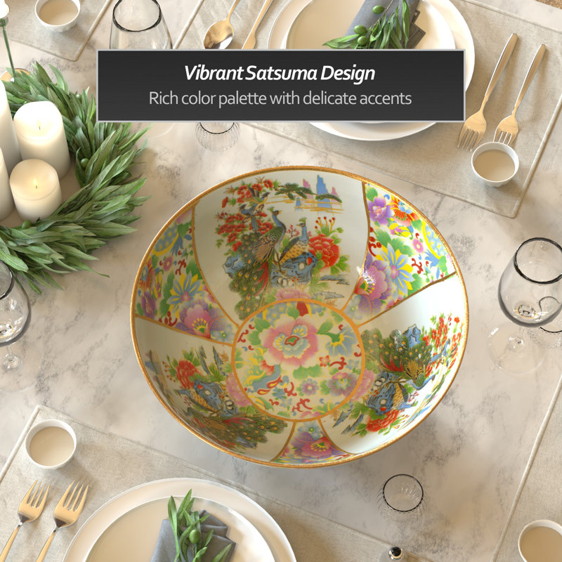 14" Satsuma Ladies & Peacock Porcelain Bowl, Satsuma Garden