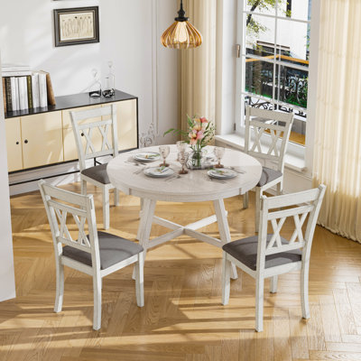 5 Piece Solid Wood Dining Table Set for 4 Person, 47 inch Round Kitchen Table with 4 Chair Set, Modern Farmhouse Table Set for Dining Room, Kitchen Living Room