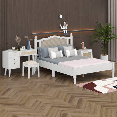 3 Pieces Bedroom Set, Platform Bed Frame With Rattan Headboard & Vintage Nightstand & Makeup Vanity Desk With Stool