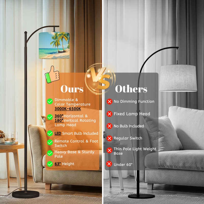 Arc Floor Lamp with Adjustable Lampshade Tropical summer beach blue sky palms turquoise sea water Standing Lamp 3 Color Temperatures Dimmable Tall Pole Lamp with Foot Switch for Bedroom