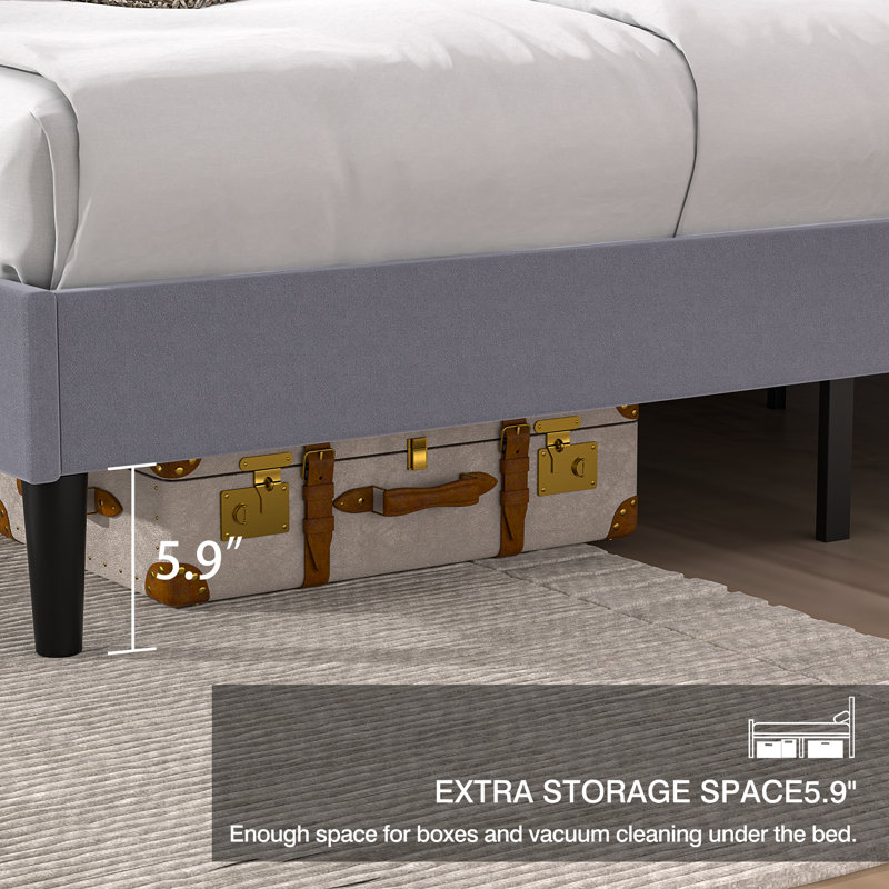 Queen Size Linen Bed Frame with Wingback Headboard, Upholstered Wing Side Queen Platform Bed with Wooden Slats Support, USB Ports, No Box Spring Needed, Noise Free