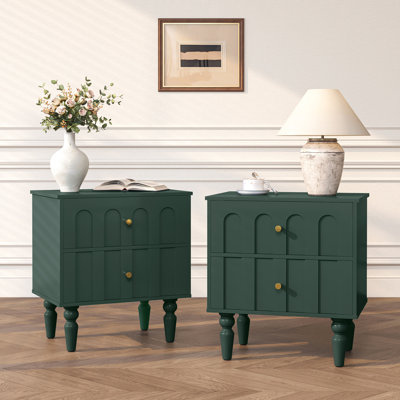 19.6'' Wide Arched Panel 2-Drawer Nightstand with Brass Knobs – Solid Wood Turned-Leg Bedside Table, Modern Traditional Bedroom Storage,Set Of 2, Green