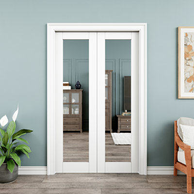 Portes coulissantes à double escamotable 36x80 avec miroir intégral, quincaillerie et fermeture amortie, un côté miroir intégral, panneau arrière blanc à âme pleine, pour salle de bain.