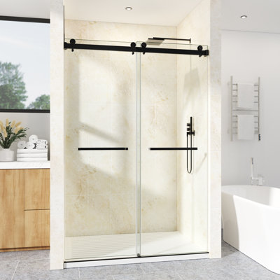 50-55" W x 79" H Frameless Double Sliding Shower Door with 3/8" (10mm) Clear Tempered Glass, Shatter-Resistant Film & Installation Hole Locator