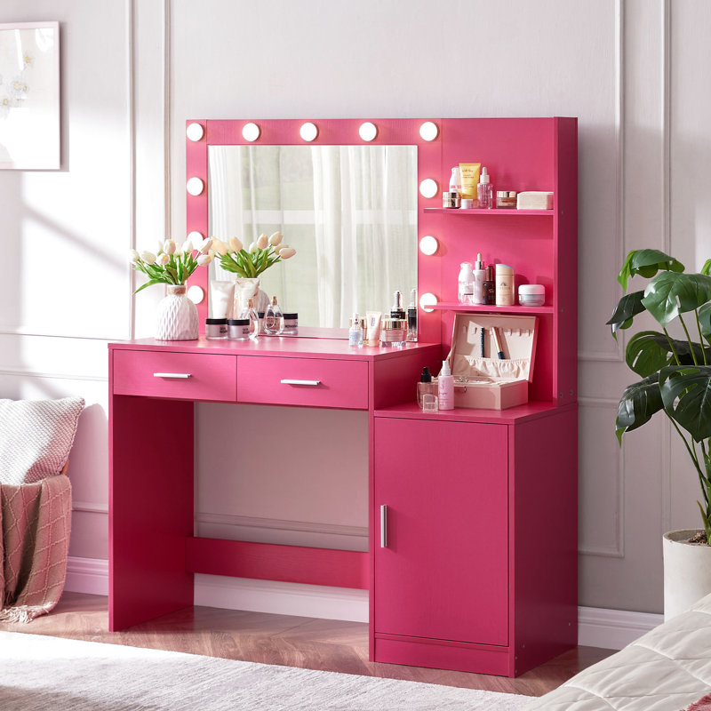 Addae 46.4In Vanity Desk With Mirror And Lights, Rose Pink Dressing Table 2 Large Drawers & Fashionable Vertical Organizer, 3 Level Dresser, Lighting Modes Adjustable Brightness For Bedroom Engaging