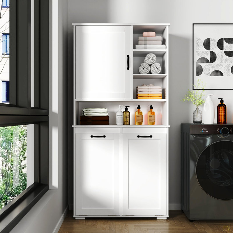 Laundry Cabinet With Doors And Shelf, Tilt-Out Laundry Hamper, Multiple Storage Space, Freestanding Style, Open Shelve, Adjustable Shelf