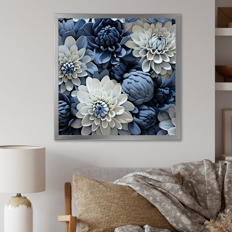 «Graceful Mums» noir et bleu pâle, peinture sur toile, Cadre simple argenté, H 30 po x l 30 po x P 1 po