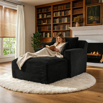  Enn 39.60-Inch Black Corduroy Compression Lounge Chair, Sleeper Chair, Free Assembly 