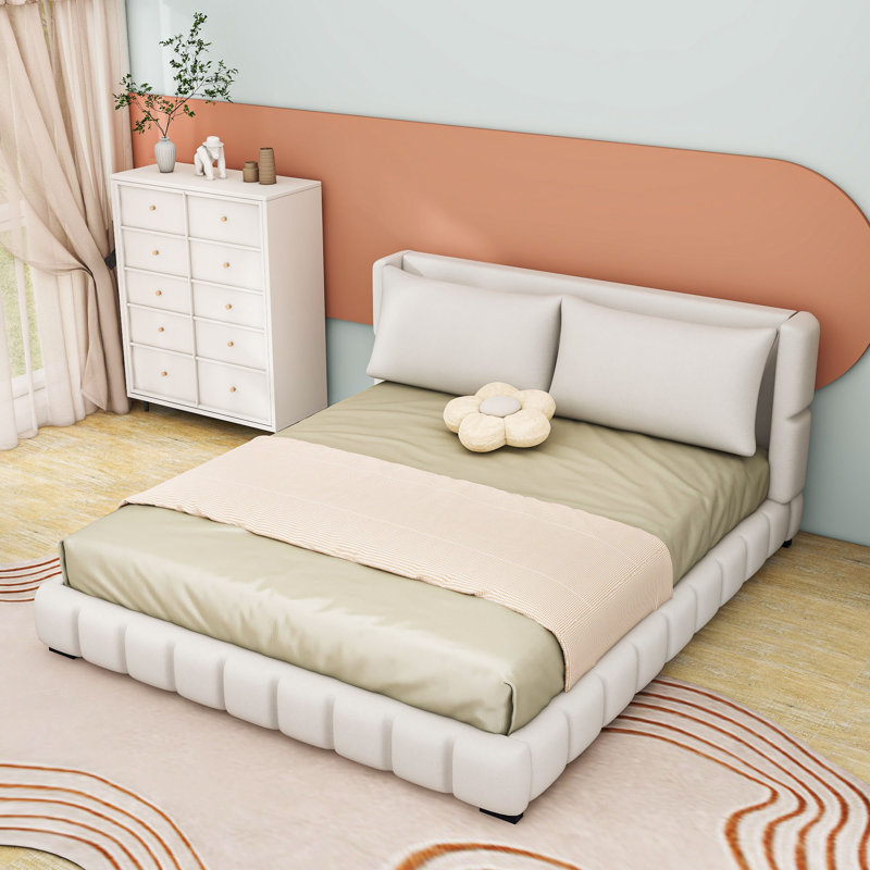 Lit plateforme tapissier avec 2 coussins, Blanc, Très grand lit