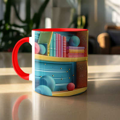 Kids Drawing Style 11oz Accent Mugs – Ceramic Coffee Cup with a Red Handle and Interior
