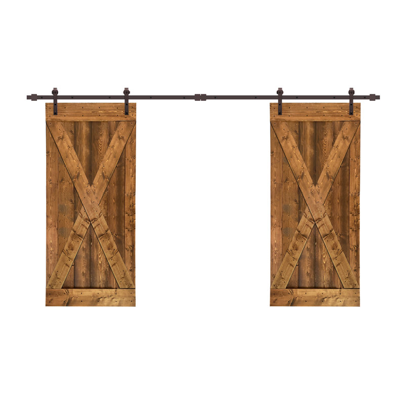 Walnut Stained Knotty Pine Wood Double Sliding Barn Door with Hardware Kit