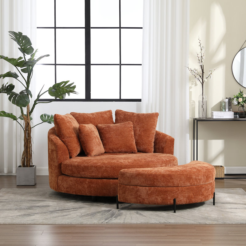 Upholstered Barrel Chair With Ottoman, Burnt Orange Chenille