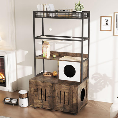 Stylish Hidden Cat Litter Box Enclosure, Multi-Level Cat Condo Furniture with Storage Rack, Hammock, Sisal Balls, Scratching Mat for Odor Control, Brown
