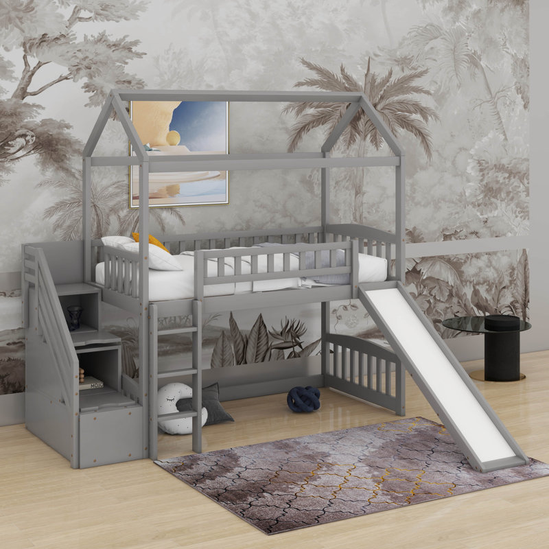 Twin Loft Bed With Slide, Grey