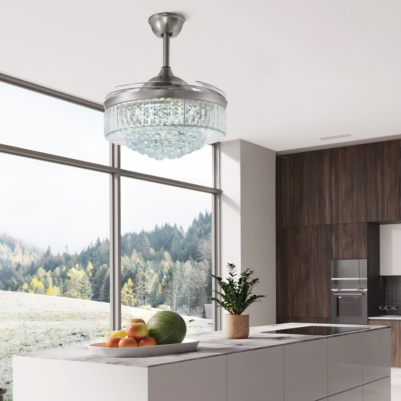 42 Inch - Silver Crystal Fan Chandelier - Remote Control / Dimmable / Variable Speed - Suitable For Living Room And Any Room