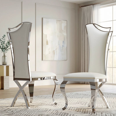 White Leather Dining Chairs With Cross Silver Metal Legs