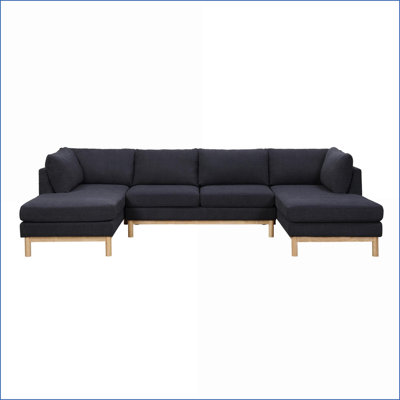 Sectional Sofa, 124" Wide Double Chaise U-Shape with Natural Wood Trim | Black | Sherpa