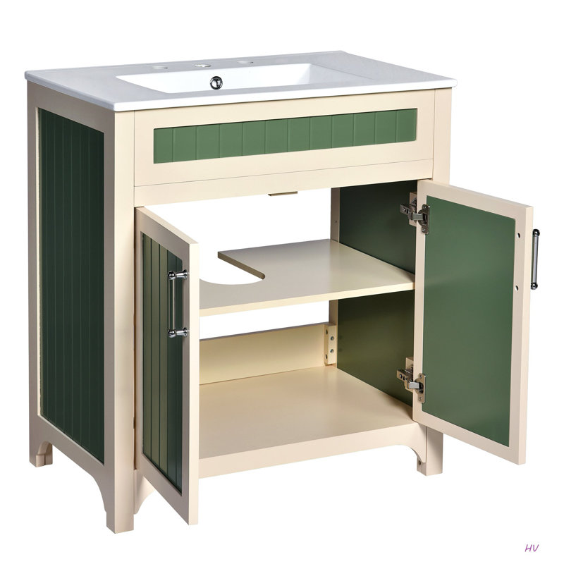 Ensemble de meuble-lavabo 30 po avec lavabo en céramique, meuble de rangement moderne avec cadre réglable en bois massif